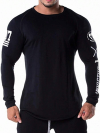 Manfinity Fitness Boyfriend Style Men Letter Graphic Sports Tee Long Sleeve Shirt,Graphic,Compression,Exercise,Plain
