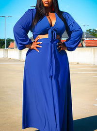 WMNS Semi-Sheer Tie Bust Long Sleeve Maxi Length Plus Size Dress