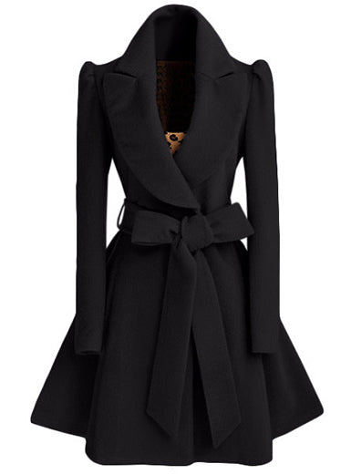 Women's Suede Style Trench Coat Jacket - Wide Tie Sash / Puffy Shoulders