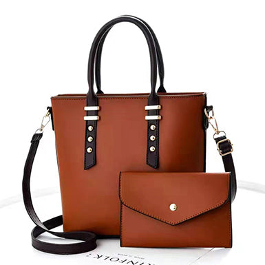 Women's Soft Leather Metal Accent Handbag & Wallet Set