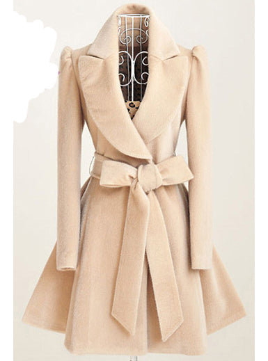 Women's Suede Style Trench Coat Jacket - Wide Tie Sash / Puffy Shoulders