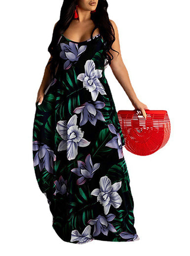 Women's Loose Maxi Dress – Wide Round Neck & Side Pockets