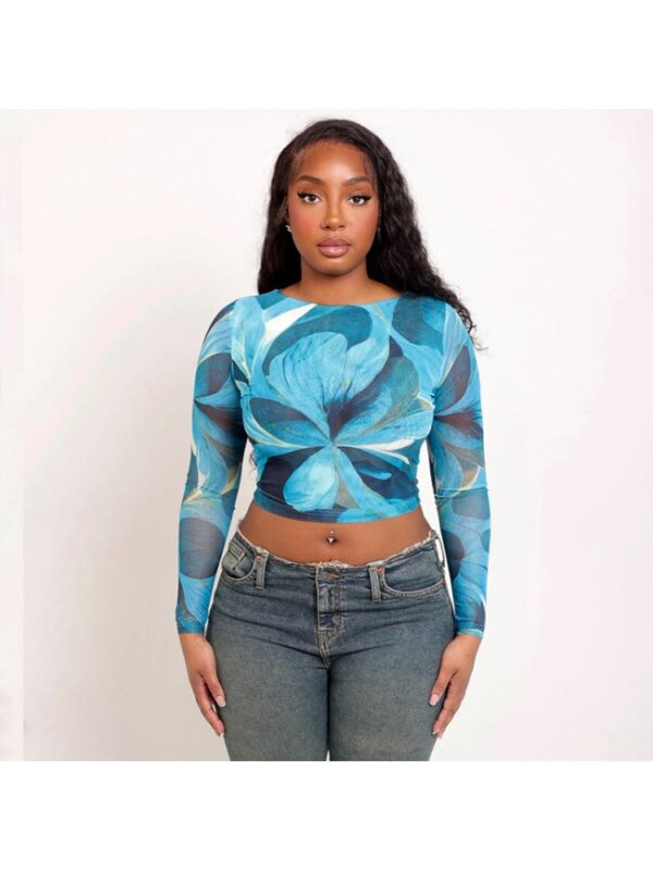 Floral Printed Sheer Long Sleeve Cropped Tops