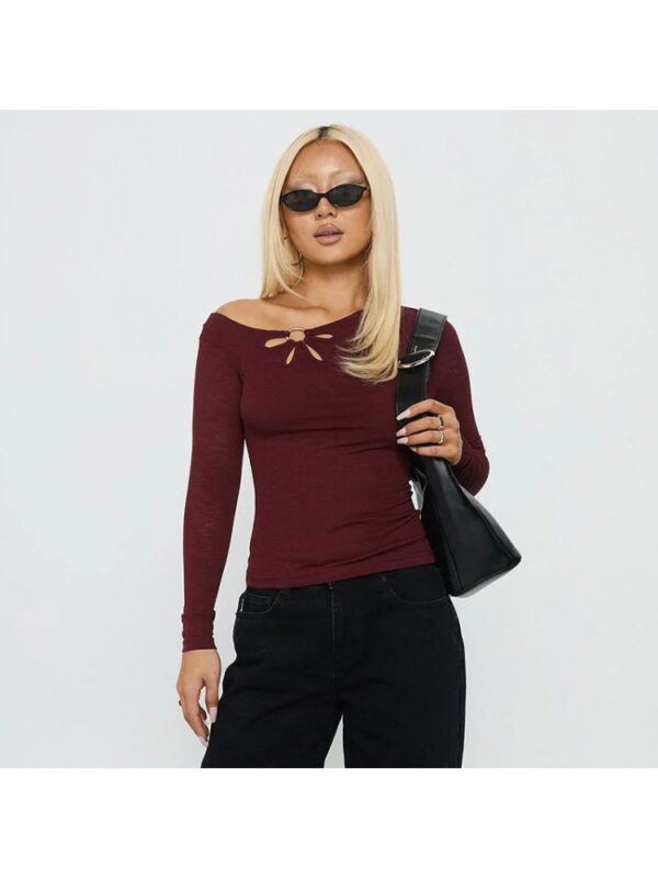 Metal Ring Hollow-out Inclined Shoulder Tops