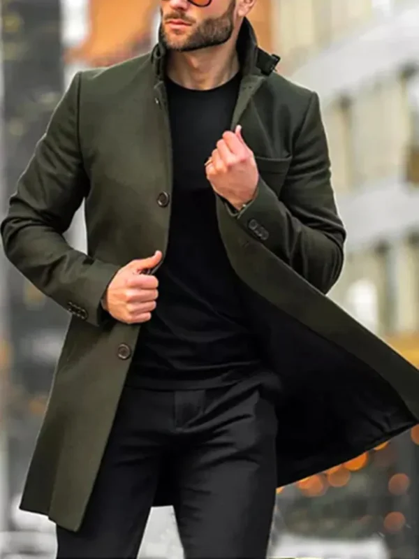 Olive Green Men's Lapel Long Blazer Jacket