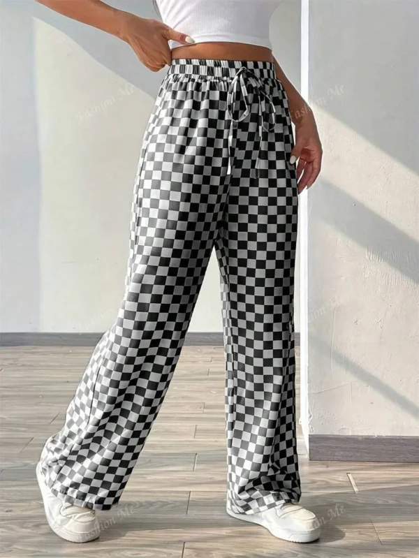 Plaid Print Casual Loose Drawstring Wide Leg Pants