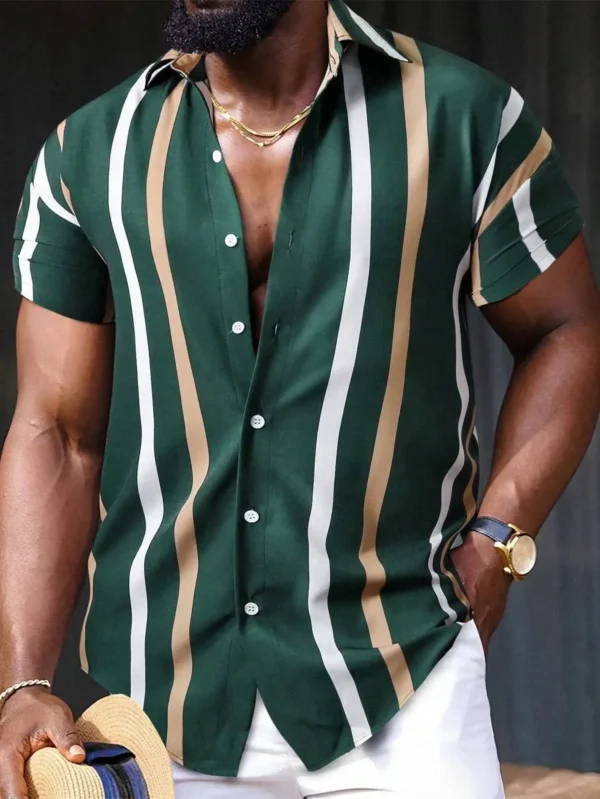 Manfinity Homme Men Striped Print Shirt, Green And Gold Shirt Men, Men Striped Shirt, Vertical Striped Shirt Men