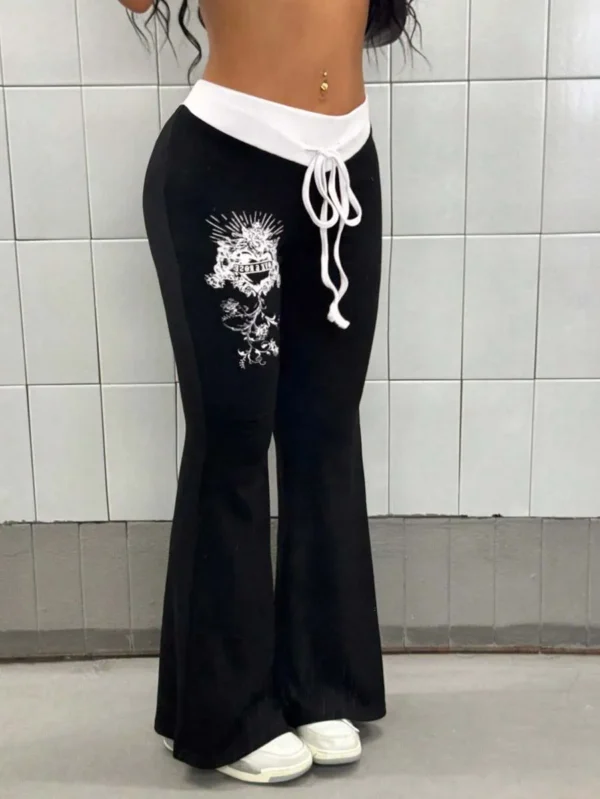 StreetHx Women's Contrast Color Patchwork Floral Print Punk Flare Pants Fall Cloth For Women