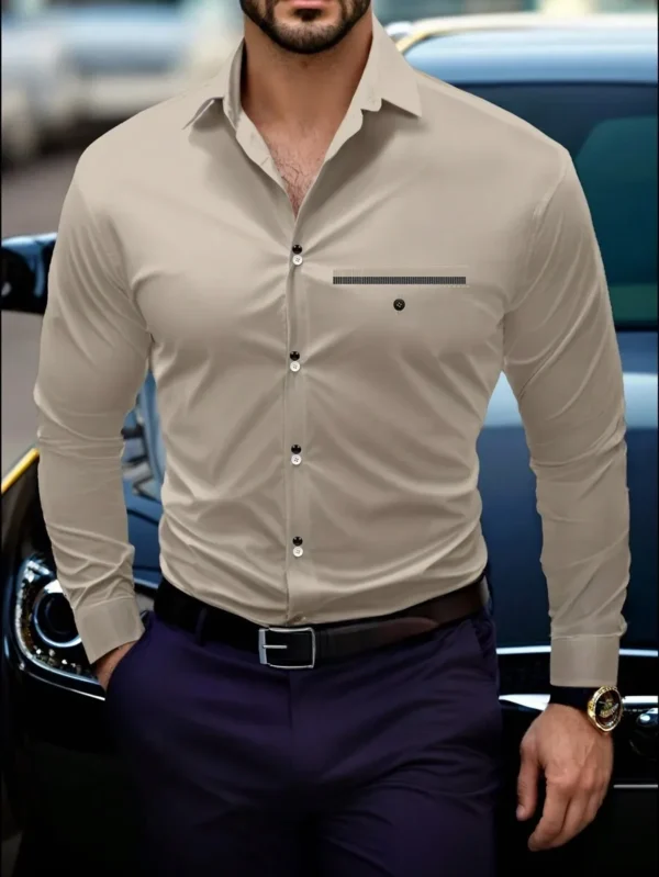 Manfinity Homme Men's Business Casual Shirt: Beige Long Sleeve Button-Down Dress Shirt For Office Or Casual Wear