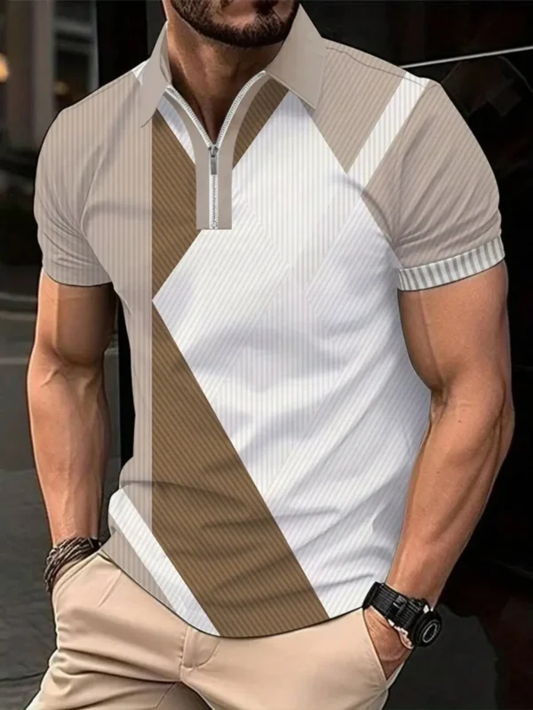 Manfinity Homme Men Work Casual Striped Print Quarter Zip Collar Golf Polo Shirt, Boyfriend Gift, Brown And White Shirt Men, Men Fashion Tops, Men Casual Tops