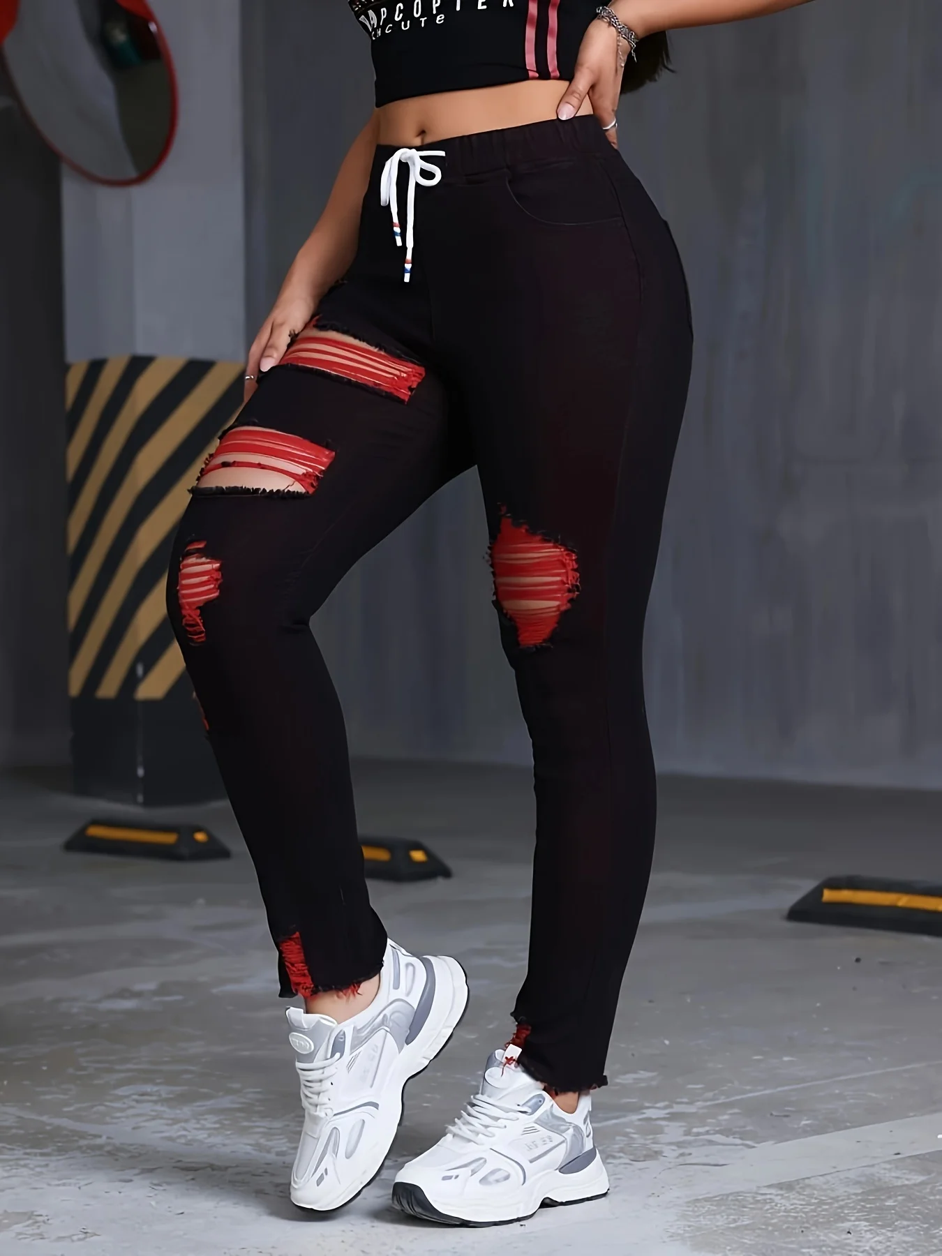 Women's Stretch Jeans Elastic Waist Drawstring Elegant Distressed Red Skinny Personalized Designer Style Suitable for All Seaso