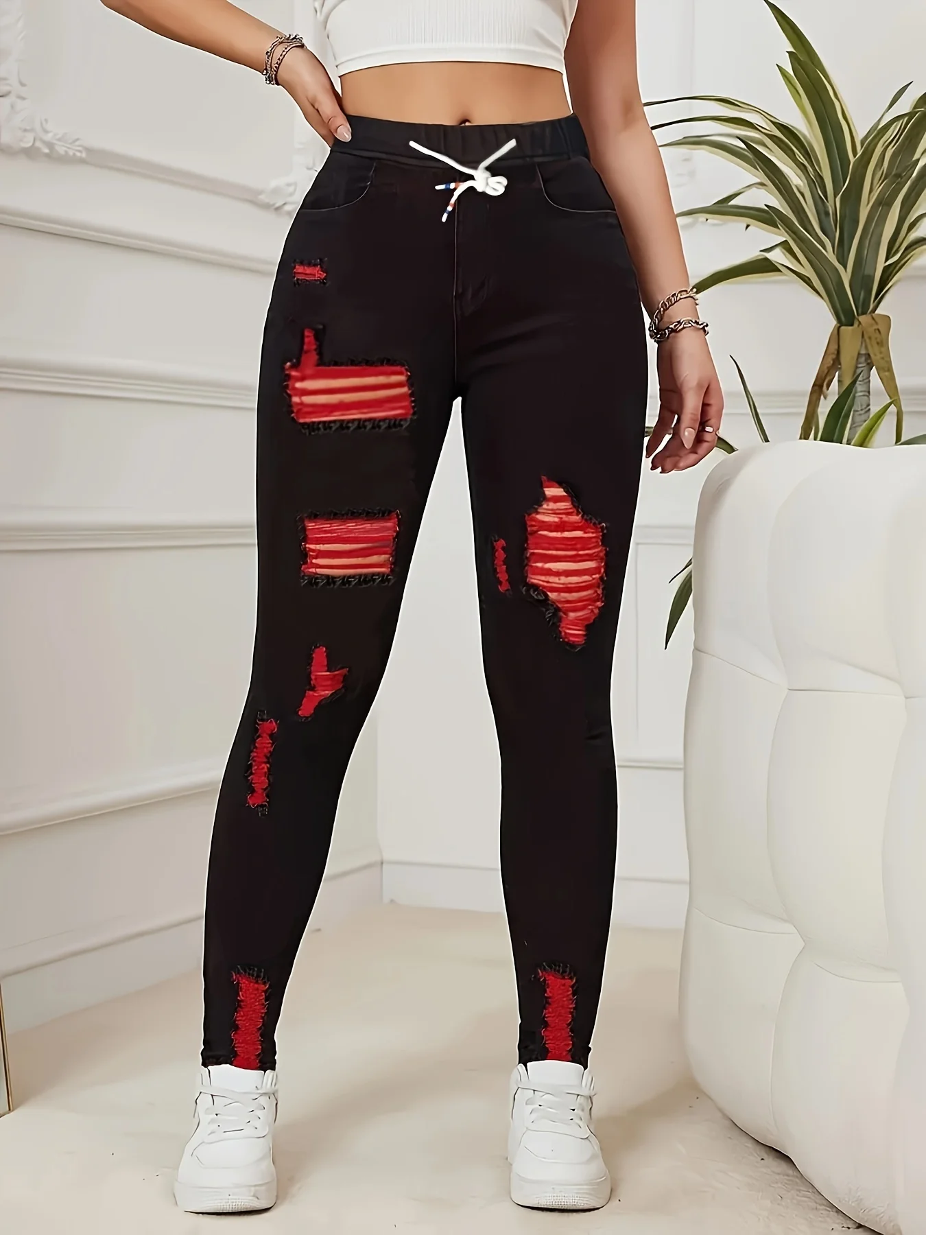 Women's Stretch Jeans Elastic Waist Drawstring Elegant Distressed Red Skinny Personalized Designer Style Suitable for All Seaso