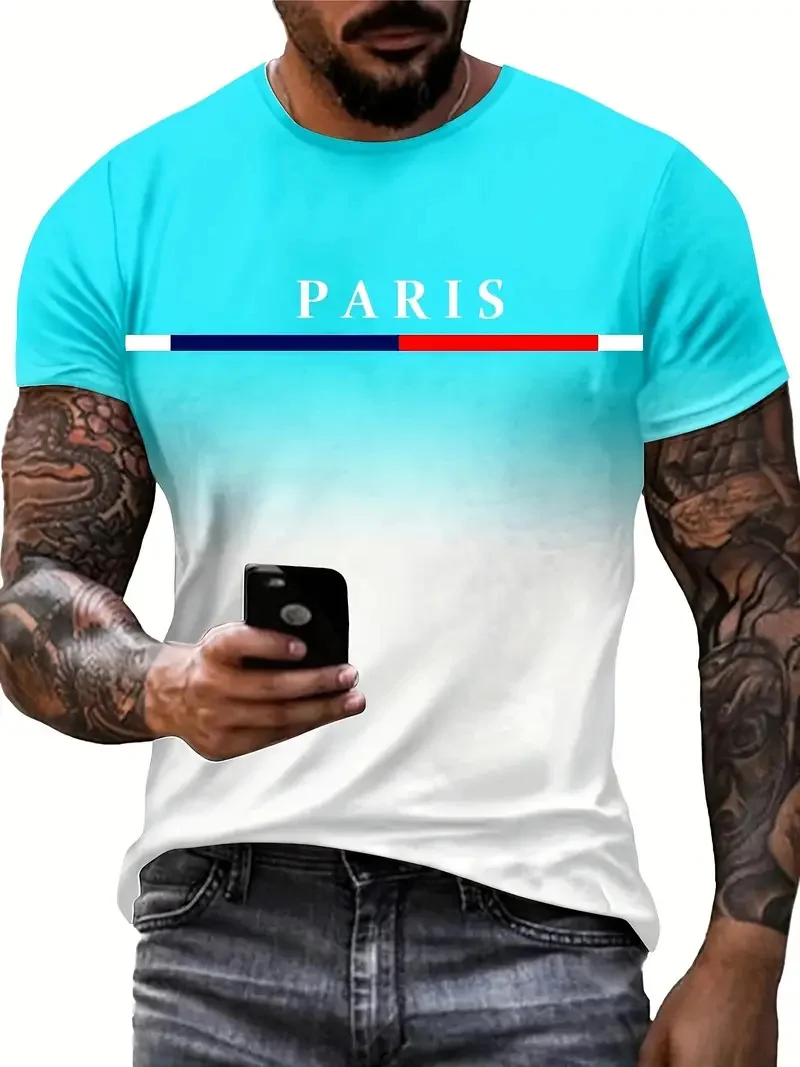 Summer men's gradient Paris letter 3D printed T-shirt for outdoor sports quick drying short sleeved top plus size men's clothing