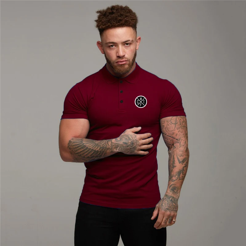 Running Short Sleeve Button Lapels Polo Shirts Men's Fitness Slim Fit Sports Cotton T Shirt Gym Bodybuilding Muscle Clothing