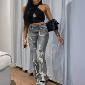 Popular female Spice Girl style slim-fit ripped jeans