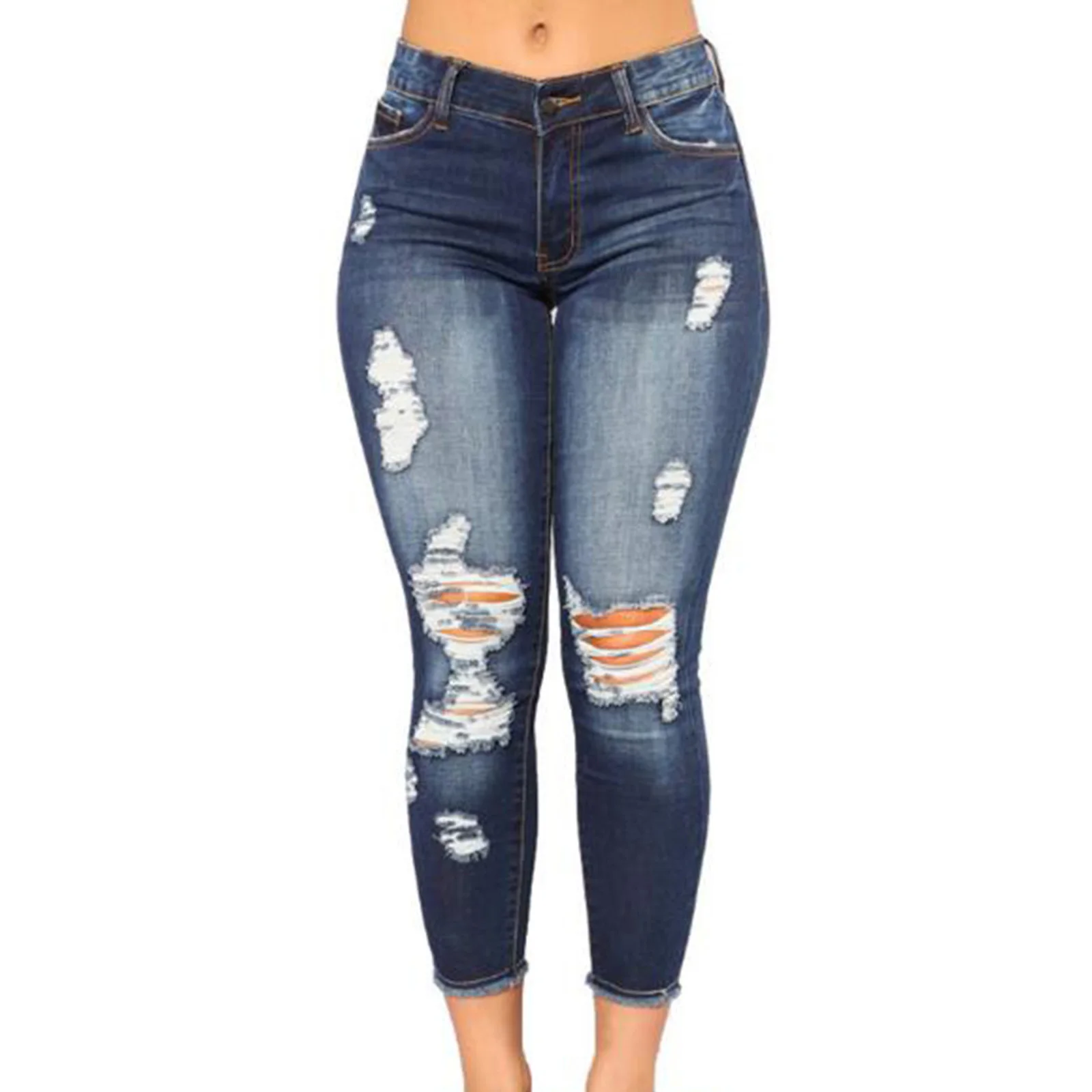 Ladies High Waist Skinny Jeans Stretch Ripped Denim Pants Distressed Cropped Trousers Casual Streetwear Fashion