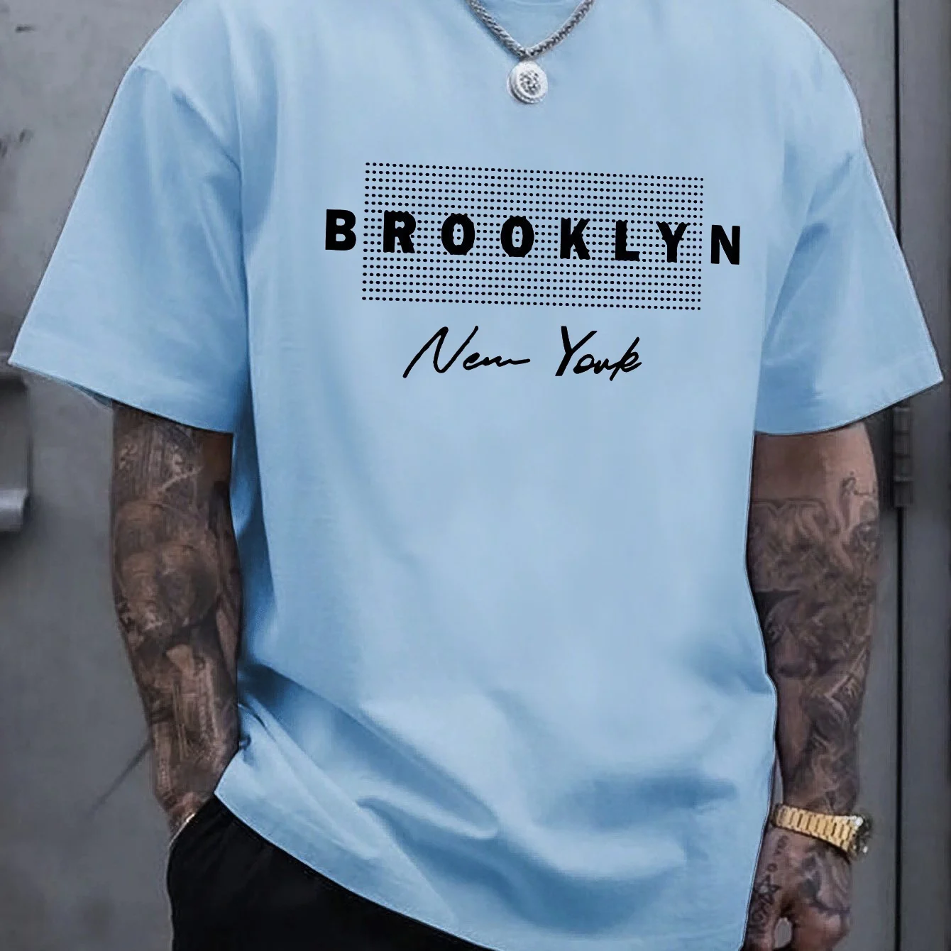 Men's summer 100% pure cotton Brooklyn New York graphic printed fashionable casual loose round neck short sleeved T-shirt top