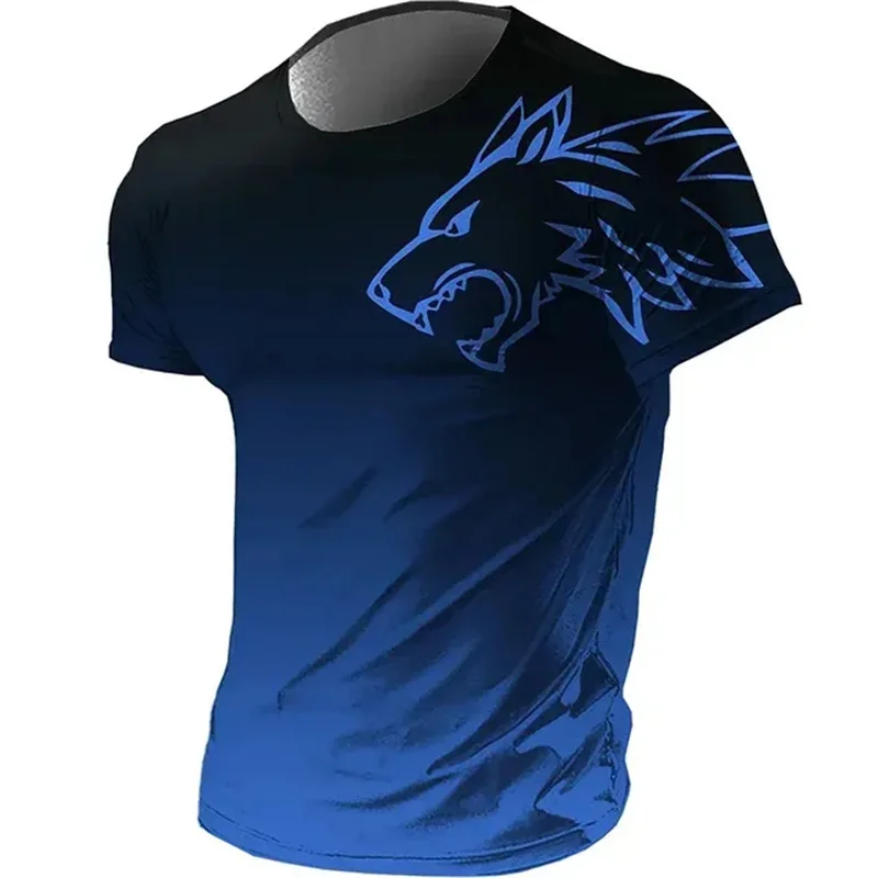 T-shirts for men fitness sportswear 2024 Summer Vintage Men's 3d Printed Quick-Drying Gradient T-shirt Animal Wolf Short Sleeve