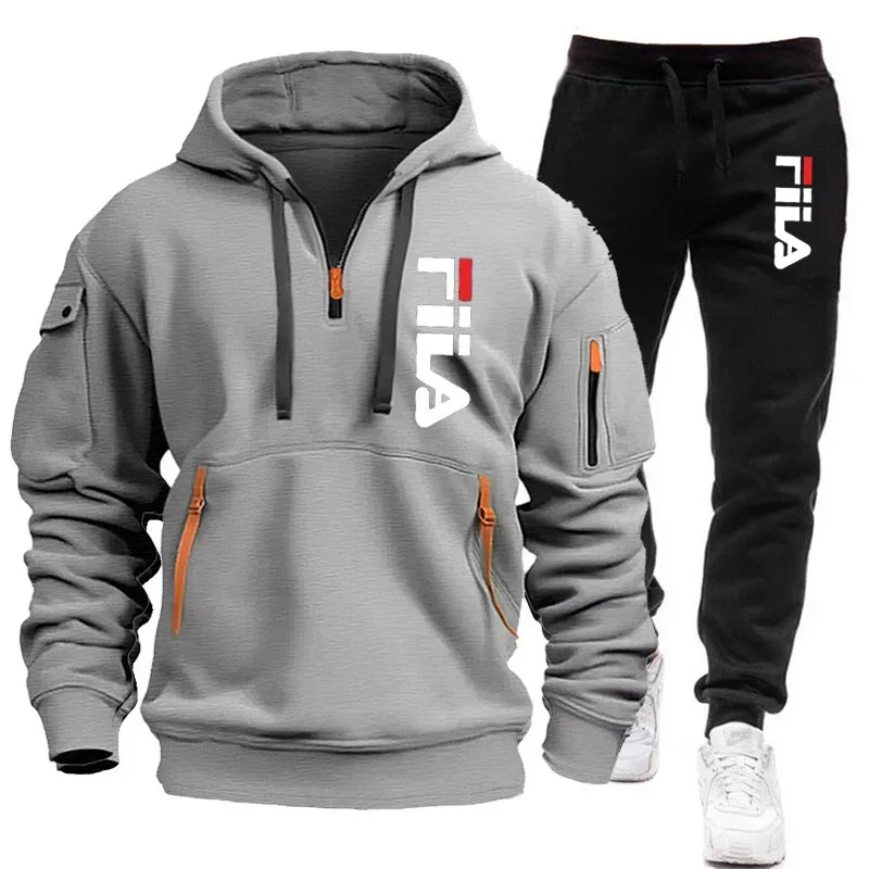 Autumn and Winter 2025 new men's hooded sweatshirt + pants two-piece set, outdoor multi-pocket men's pullover sportswear set