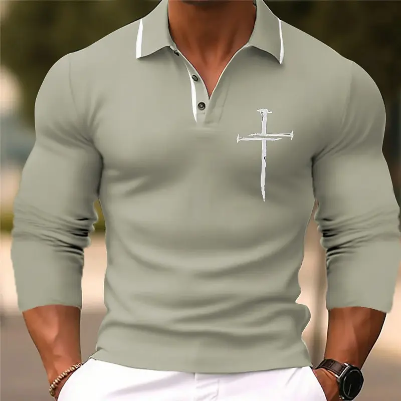 Men's 3D Printed Cross Pattern Golf Shirt Long Sleeve Polo Shirt Business Casual Formal Button Collar Autumn and Winter