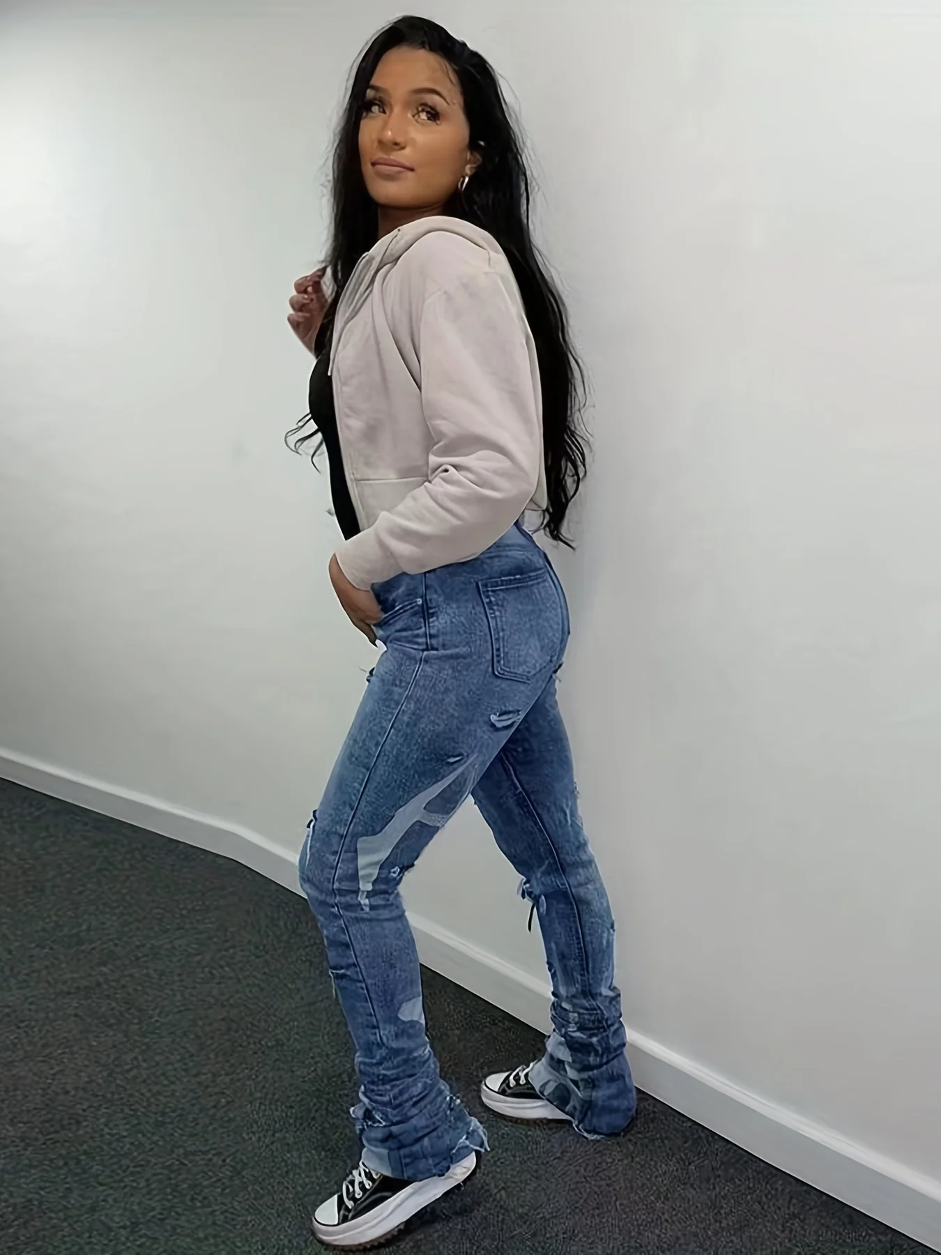 Popular female Spice Girl style slim-fit ripped jeans