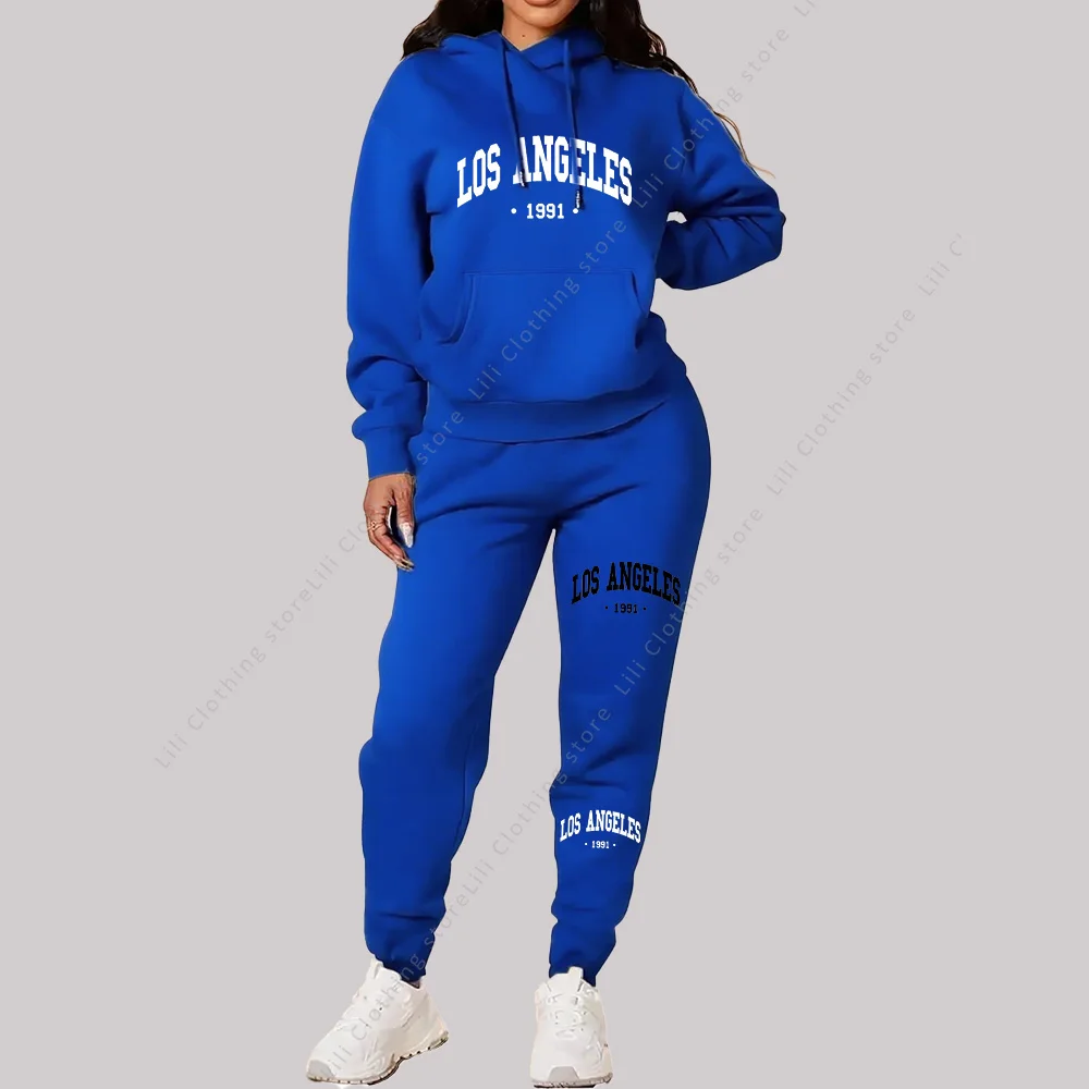 Women Sets Hoodies Pants 2 Piece Outfits Aesthetic Sportswear Sweatsuit Los Angeles Letter Print Suit Ladies Tracksuit Plus Size