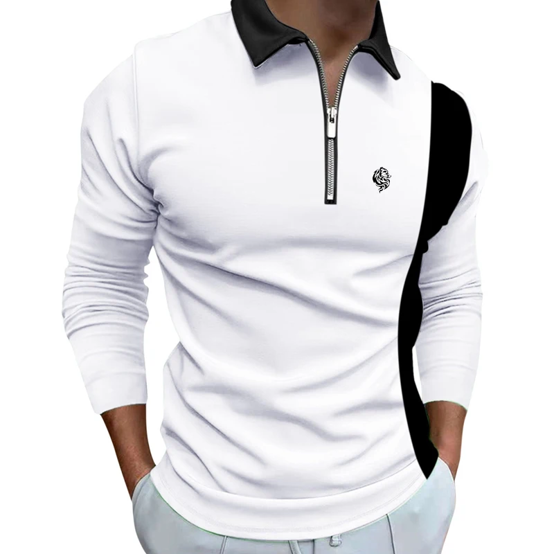 Men's Stylish Long Sleeve Polo Shirt with Contrast Color Panels and Zip-up Placket, Featuring a Printed Logo for a Sleek Look