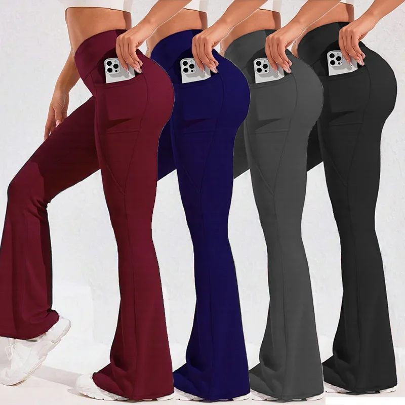 ​​High Waist Flare Leg Yoga Pants Women with Pocket Push Up Butt  Running Tights Wide Leg Pants Gym Outdoor Cycling Leggings