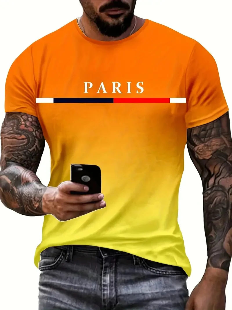 Summer men's gradient Paris letter 3D printed T-shirt for outdoor sports quick drying short sleeved top plus size men's clothing