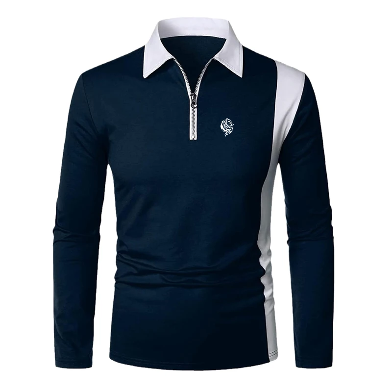 Men's Stylish Long Sleeve Polo Shirt with Contrast Color Panels and Zip-up Placket, Featuring a Printed Logo for a Sleek Look