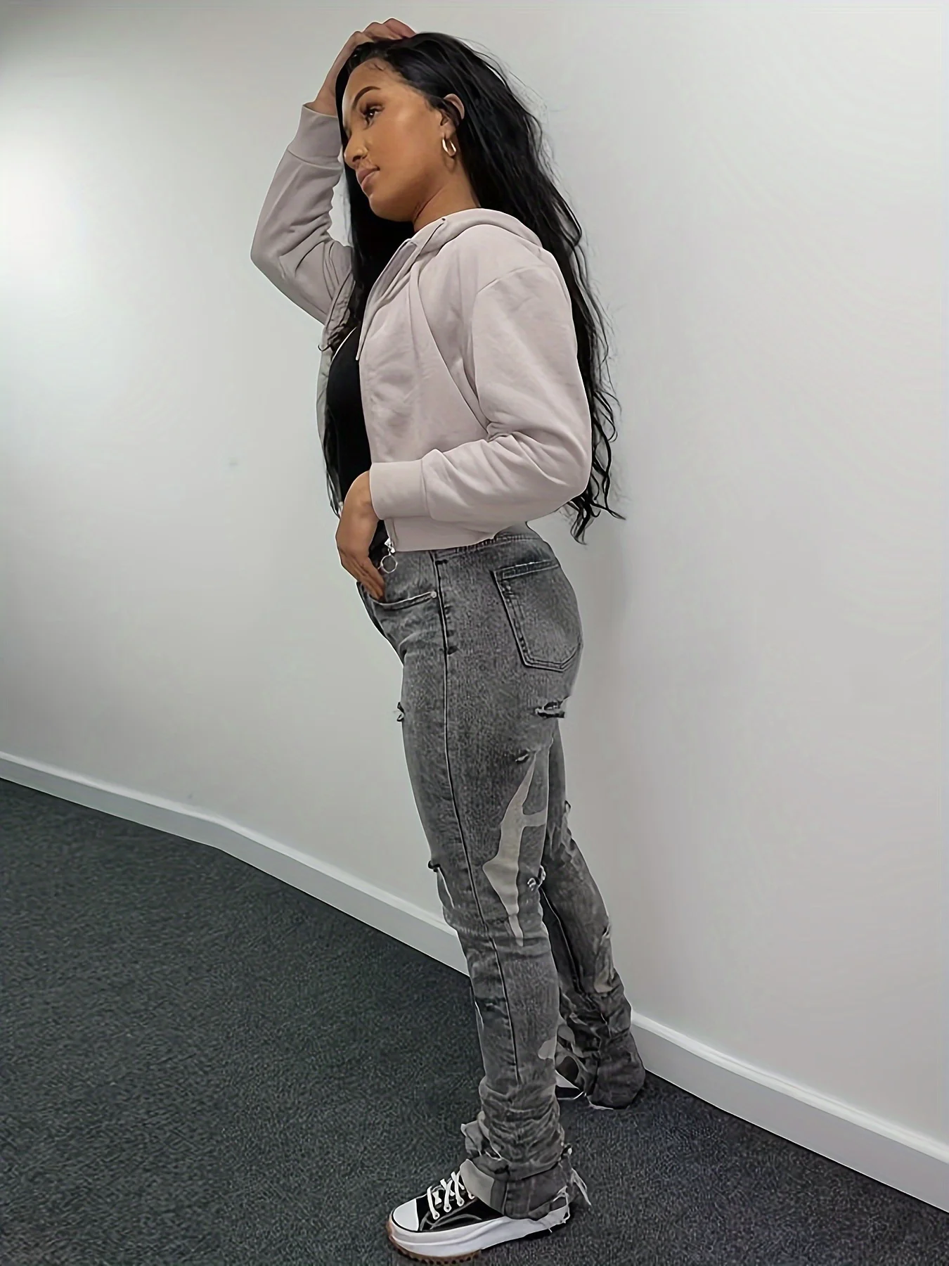 Popular female Spice Girl style slim-fit ripped jeans