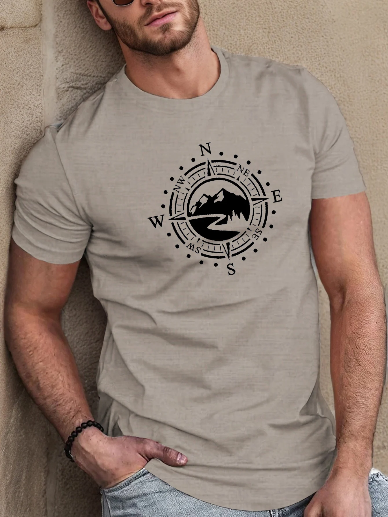 Men's summer 100 cotton fashionable casual loose plus size Compass pattern printed sports round neck short sleeved T-shirt top