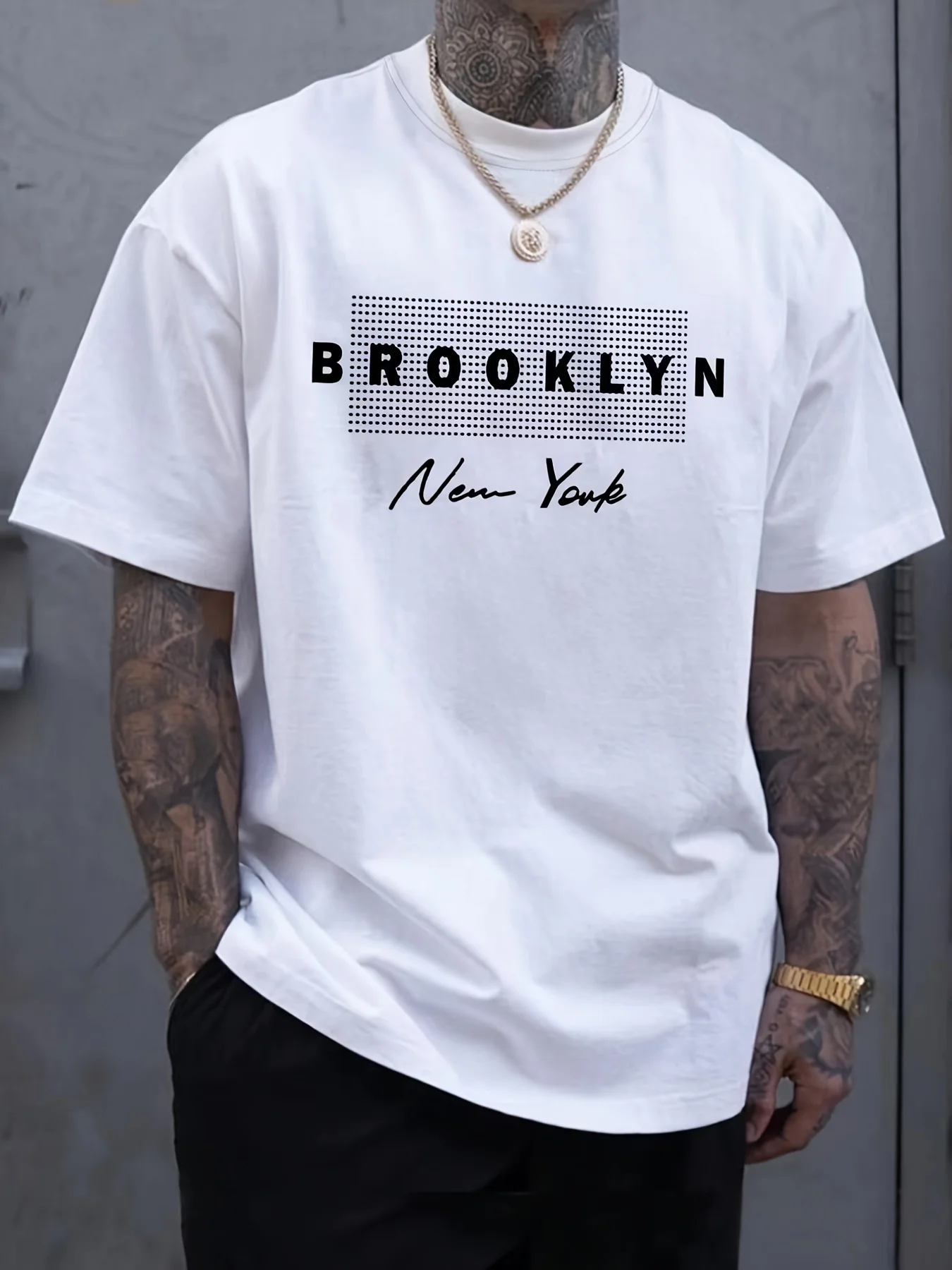 Men's summer 100% pure cotton Brooklyn New York graphic printed fashionable casual loose round neck short sleeved T-shirt top