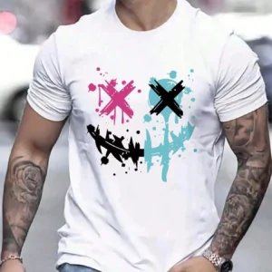 Summer men’s 100% pure cotton casual loose size smiley face pattern printed sports comfortable round neck short sleeved T-shirt