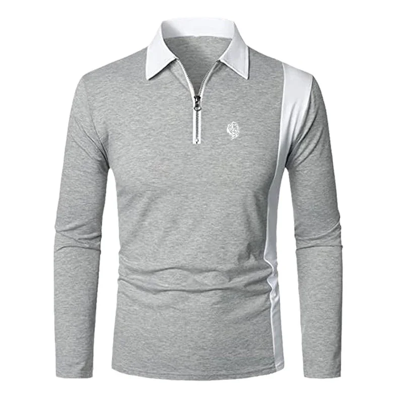 Men's Stylish Long Sleeve Polo Shirt with Contrast Color Panels and Zip-up Placket, Featuring a Printed Logo for a Sleek Look