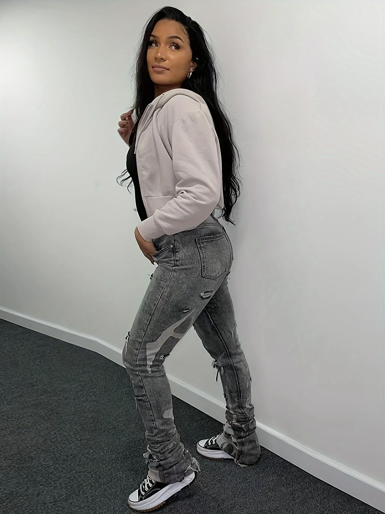 Popular female Spice Girl style slim-fit ripped jeans