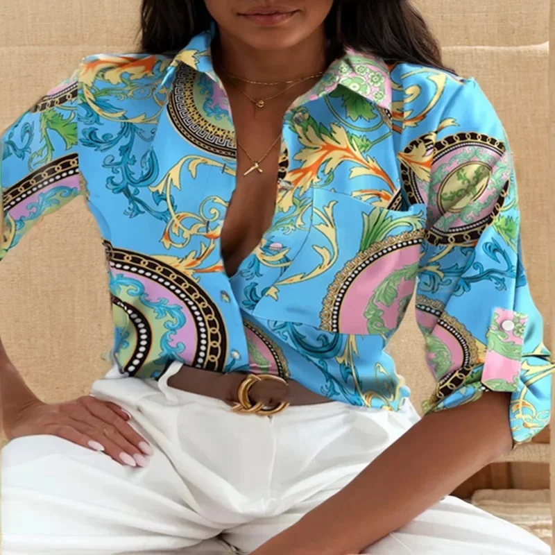 Women Spring Elegant Turn Down Colar Blouse Vintage Popular Printing Slim Shirts Autumn Office Ladies Fashion Long Sleeve Tops