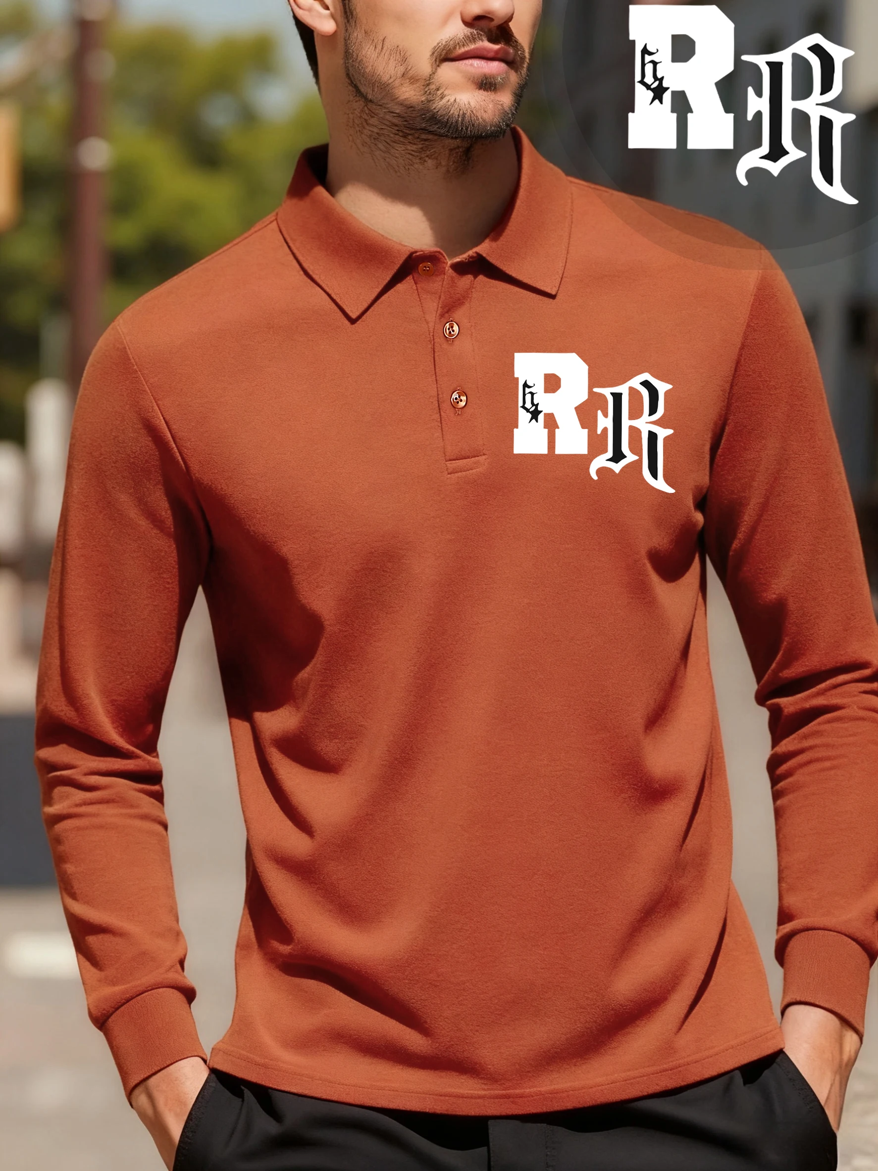 Gothic Design Letter R Printed Business Daily Polo Shirt Men Spring Button Clothing Loose Hip Hop Tops All-Match Golf Shirts