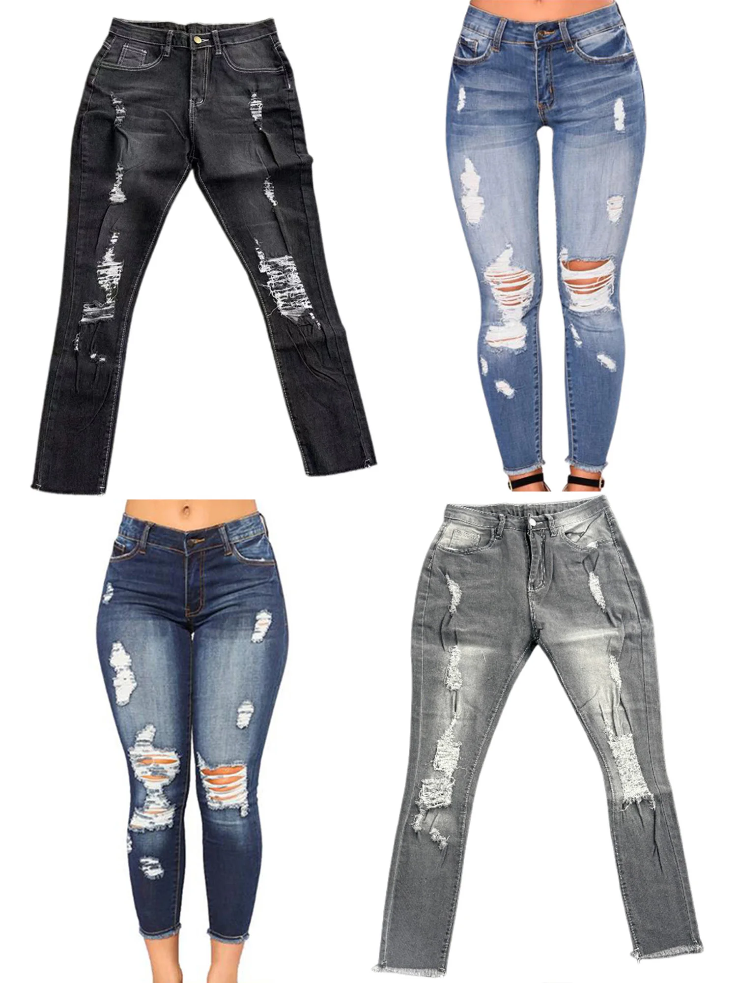 Ladies High Waist Skinny Jeans Stretch Ripped Denim Pants Distressed Cropped Trousers Casual Streetwear Fashion