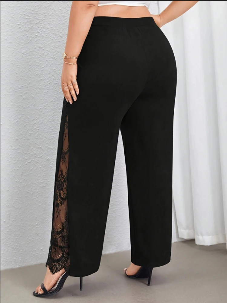 Women's plus size black elegant spring summer casual split lace patchwork loose elastic waist wide leg pants straight leg pants