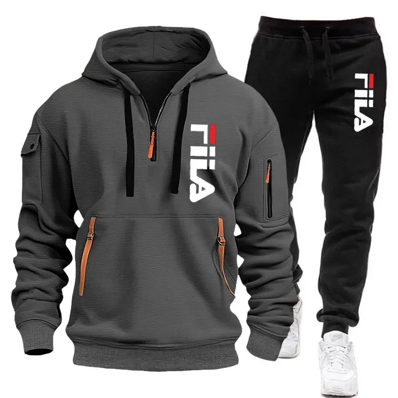 Autumn and Winter 2025 new men's hooded sweatshirt + pants two-piece set, outdoor multi-pocket men's pullover sportswear set