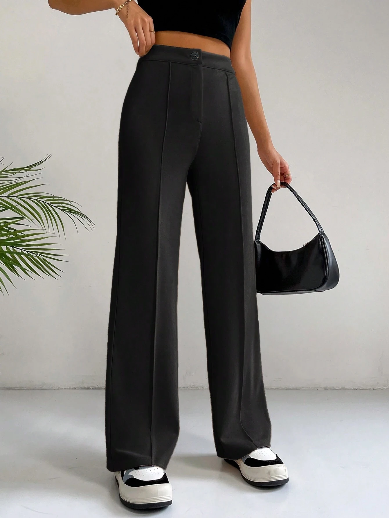 Women's Plain High Waist Straight Leg Pants, Chic Casual Comfy Zipper Button Trousers for Daily Wear, Pants for Women