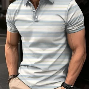 Men’s Short Clothes Sleeved Lapel 3D Digital Printed Striped Polo Shirt Summer  Man’s Business Casual Top Clothes Oversized