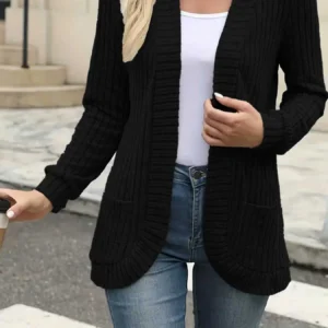 New fashion women’s solid color casual pit stripe brushed cardigan jacket