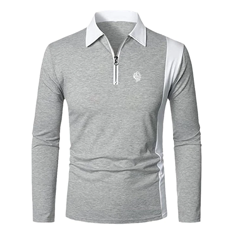 Men's Stylish Long Sleeve Polo Shirt with Contrast Color Panels and Zip-up Placket, Featuring a Printed Logo for a Sleek Look