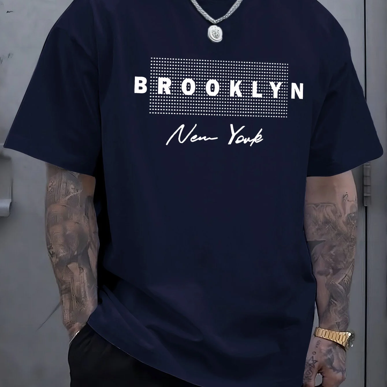 Men's summer 100% pure cotton Brooklyn New York graphic printed fashionable casual loose round neck short sleeved T-shirt top