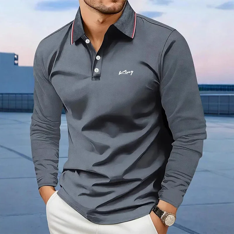 Men's Casual  Long Sleeved Polo Shirt with Solid Color and Polyester Fiber Composition for  Spring  autumn Fashion Outings
