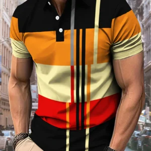 Men’s Color Blocking Polo Shirt 3D Printed Outdoor Street Short Sleeve Printed Button Clothing Fashion Design Casual Breathable