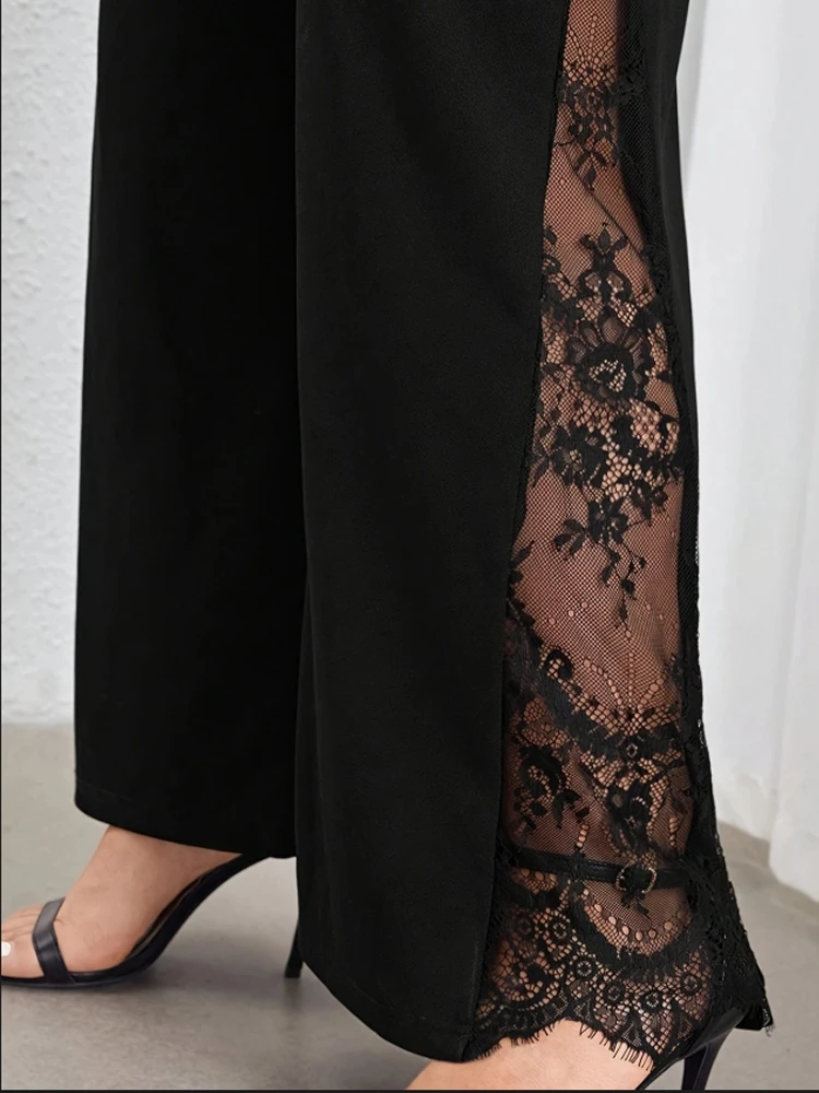 Women's plus size black elegant spring summer casual split lace patchwork loose elastic waist wide leg pants straight leg pants