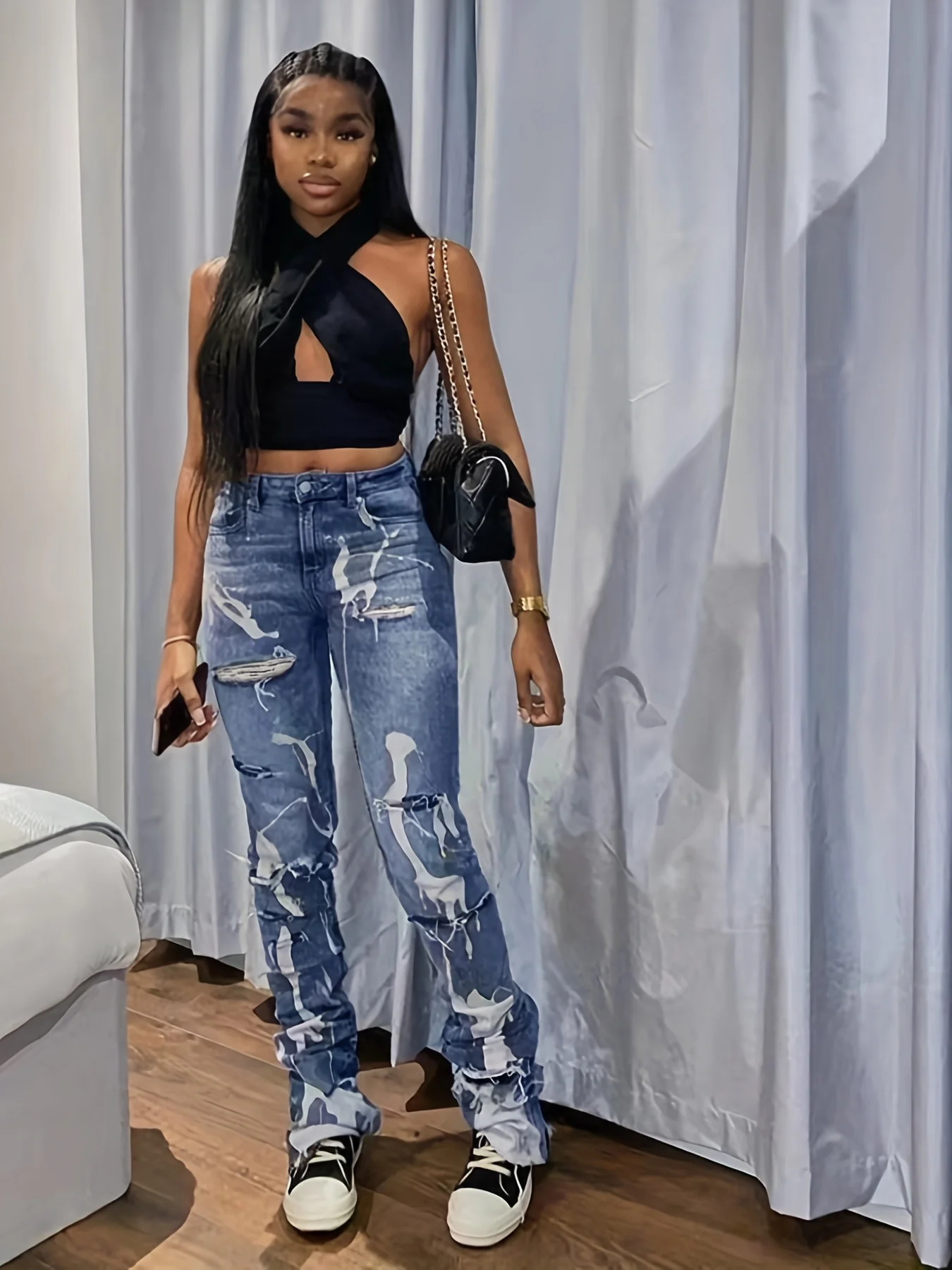 Popular female Spice Girl style slim-fit ripped jeans